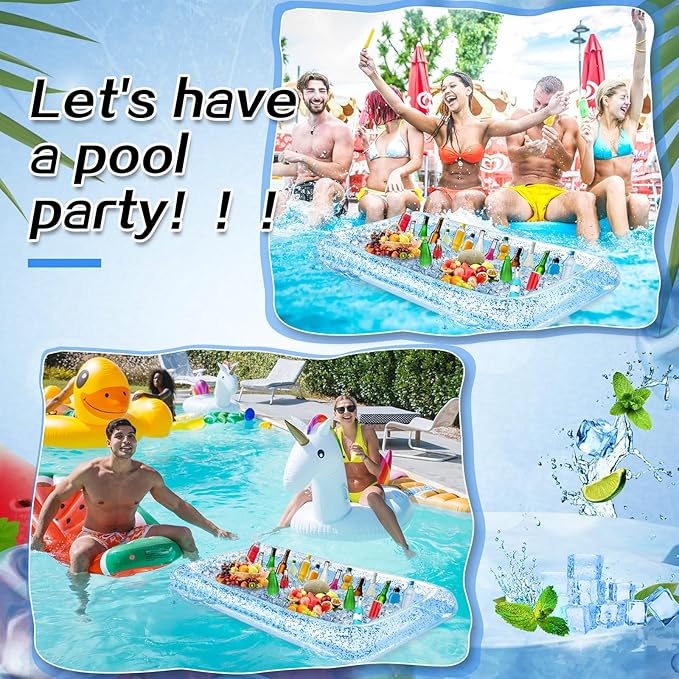 Leitee 3 Pcs Inflatable Serving Bar 52 x 24 x 5'' Ice Buffet Serving Tray Drink Cooler with Drain Plug Inflatable Pool Bar for Party Food Drink Holders with a Hand Pump(Glitter Blue)