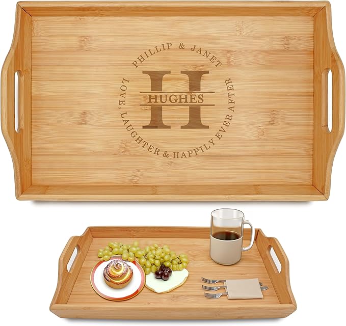 Personalized Bamboo Wood Serving Tray with Handles, Engraved Wooden Trays, Wedding Gifts, Housewarming Gifts (Hughes)