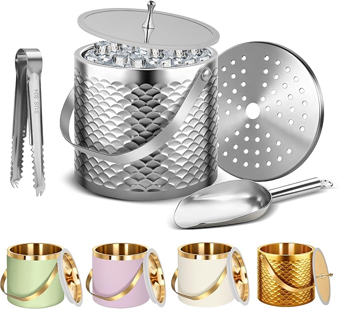Ice Bucket, Ice Bucket with Silicone Sealing Ring Double-Wall Vacuum Insulation Champagne Buckets with Filter Layer Ice Tongs Ice Scoop (Scaled Silver, 3 L)