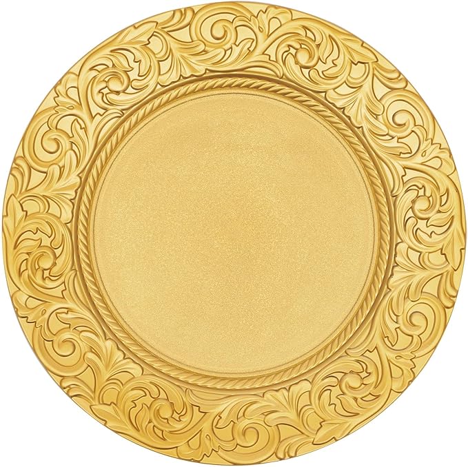100 Pcs Antique Charger Plates Bulk Gold Round Plastic Dinner Plate Embossed Rim Server Plate Decorative Chargers Floral Plates for Dinner Parties Wedding Christmas,13 Inch (Gold-100PCS)