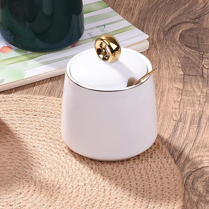Ceramic Sugar Bowls with Stainless Steel Spoon Salt Bowl with Lid for Home and Kitchen White