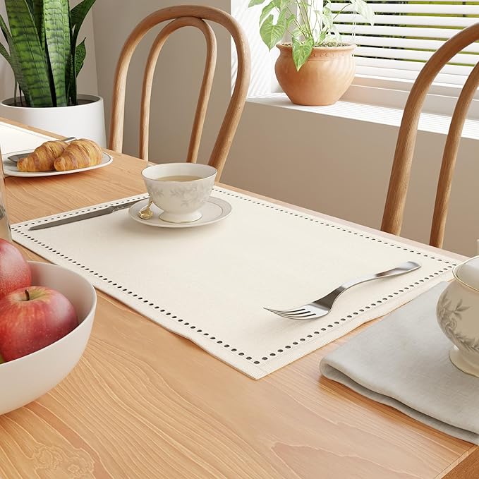 Encasa XO Placemats Set of 4 | Cotton Hemstitched Design | Natural | Rectangular 19"x13" - Dining Table Mat | for Dining Table Fall Decoration, Holiday & Christmas Festivals - Machine Washable