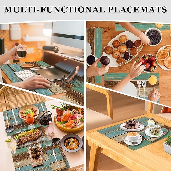 Mcalk 4 Each Farmhouse Teal Placemats and Cloth Napkins Set of 8, Modern Art Placemat, Rustic Country Cloth Napkin for Home Kitchen Decor (Placemats 18 "x12 Napkins 18 "x18)