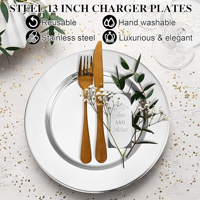Vesici 24 Pcs Silver Stainless Steel Charger Plates 13 Inch Round Metal Charger Plates Bulk Mirror Elegant Charger Luxury Table Decor for Wedding Dinner Party
