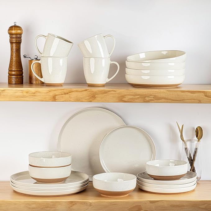 GBHOME 24-Piece Ceramic Dinnerware Set for 6, Handpainted Plates, Pasta Bowls & Bowls Set with Rustic Terracotta Underside, Scratch-Resistant, Dishwasher & Microwave Safe,Speckled Glaze Beige