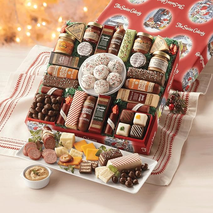The Swiss Colony 27 Favorites and Christmas Petits Fours Gift Bundle - Assorted Cheeses, Candies, Chocolates, and Summer Sausage Meats, Chocolate Confection and Swiss Creme Gourmet Mini Layer Cakes