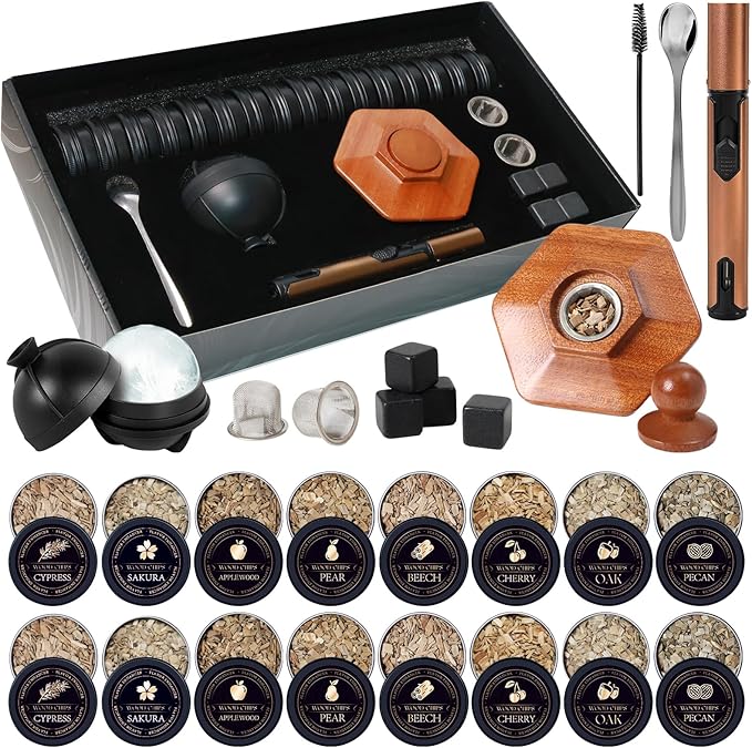 27Pcs Whiskey Smoker Kit with Torch-12 Wood Chips, Ice Ball Mold, Cocktail Smoker Infuser Kit, Old Fashioned Drink Smoker Kit, Birthday Bourbon Whiskey Gifts for Men,Husband,Dad,Him(No Butane)