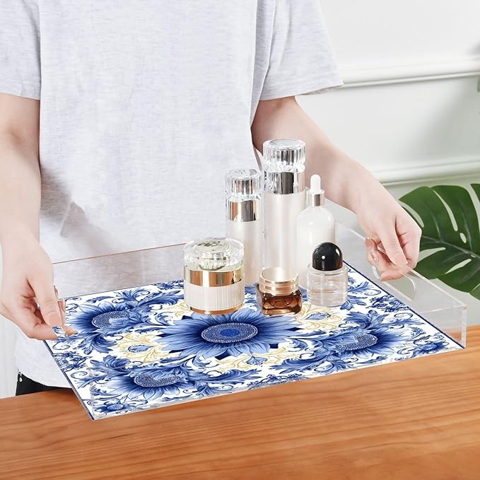 Serving Tray with Handles Clear Acrylic Tray 12x16 Inch Decorative Rectangular Tray Organizer for Ottoman Coffee Table Bathroom Sunflowers Blue and White