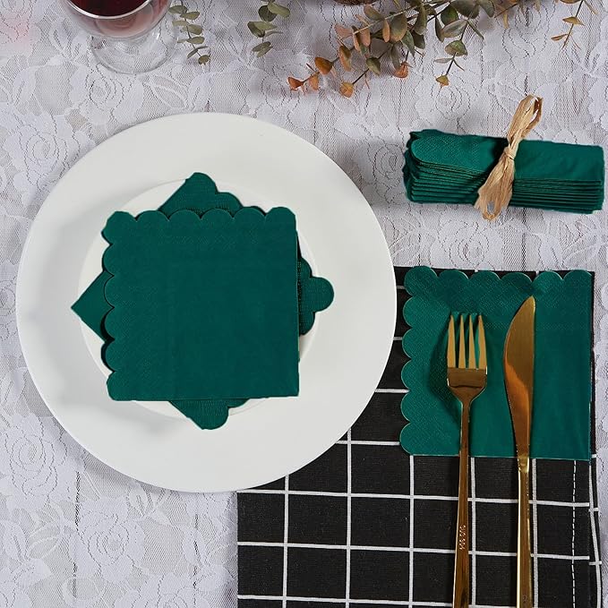 200 Pack Cocktail Napkin 2-Ply Scalloped Edged Dessert Napkins Folded 5 x 5 Inches Disposable Napkins for Dinner Wedding Birthday Party Bridal Anniversary Reception Event (Dark Green)