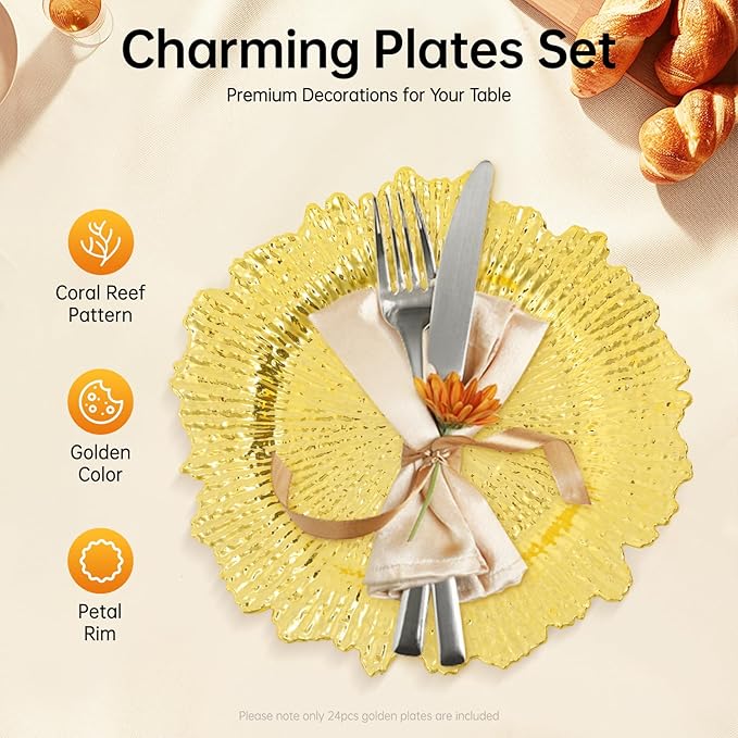 24 PCS Charger Plates Bulk, 13 Inch Floral Reef Plastic Charger Dinner Plates Round Service Plates Decorative Chargers Bulk for Table Setting Wedding Party Event(Gold)
