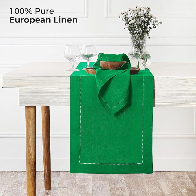 D'Moksha Homes Linen Kelly Green Table Runner 108 Inches Long - 100% Pure Linen 14 x 108 Inch Table Runner for Winter, Christmas, Holiday, New Year - Classic Hemstitch