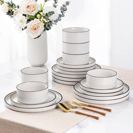 LERATIO Ceramic Dinnerware Sets for 6, High Edge Stoneware Plates and Bowls Set, Chip and Crack Resistant | Oven & Dishwasher & Microwave Safe Dishes Set, Service for 6 -Creamly White