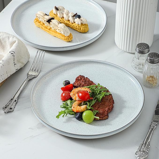 HASENSE Ceramic Dinner Plate Set–10 Inch Premium Proclaim Dishes, 4 Piece Greyish White Plates Set Ideal for Serving Noodles,Pasta or Desserts, Dishwasher Safe and Microwave Safe for Daily Dining