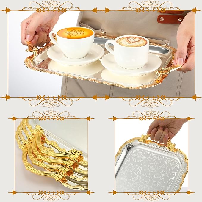 4 Pcs Silver Serving Tray with Handles Elegant Victoria Floral Engraved Metal Platters Large Decorative Trays for Buffet,Wedding Party, Jewelry Display, Service(Vintage,Slive and Gold)