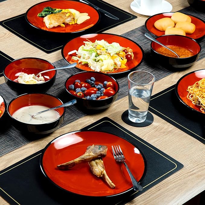 TP 18-Piece Dinnerware Set, Melamine Dishes Set with Bowls and Plates, Service for 6, Non-breakable Lightweight Dining Tableware, Black and Red