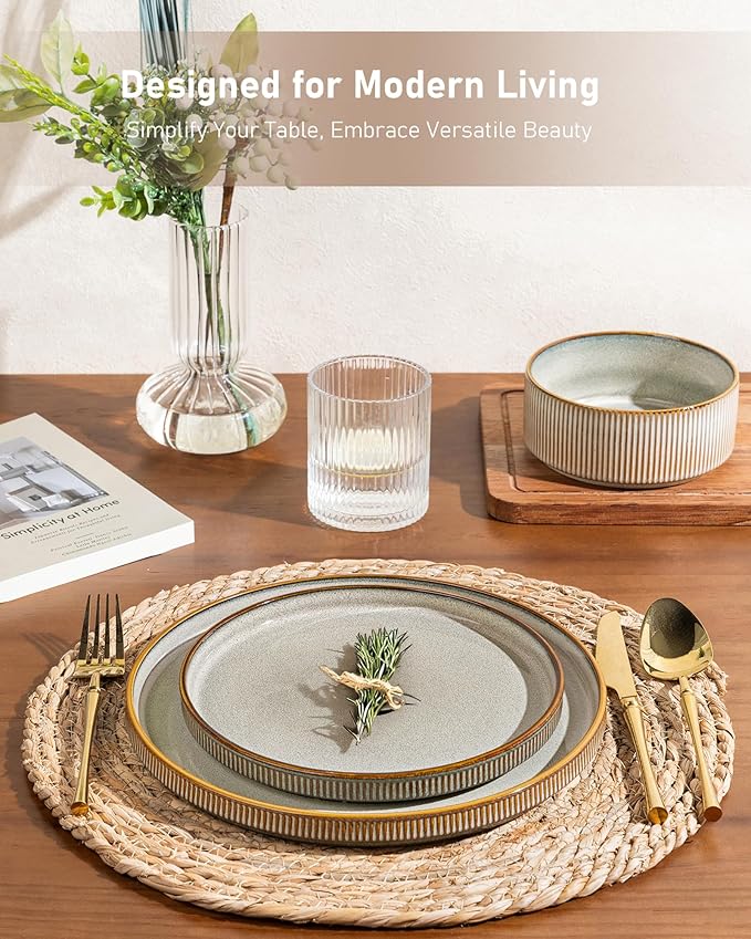 GBHOME 12-Piece Stoneware Dinnerware Set for 4 – Ribbed Ceramic Plates and Bowls, Scratch-Resistant, Microwave & Dishwasher Safe, Reactive Glaze, Mist Green