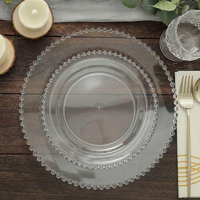 8" Salad Plates - Set of 20 - Plastic Clear Round Disposable Dessert Appetizer Plate Beaded Rim, Ideal for Dinner Party Wedding Bulk Events