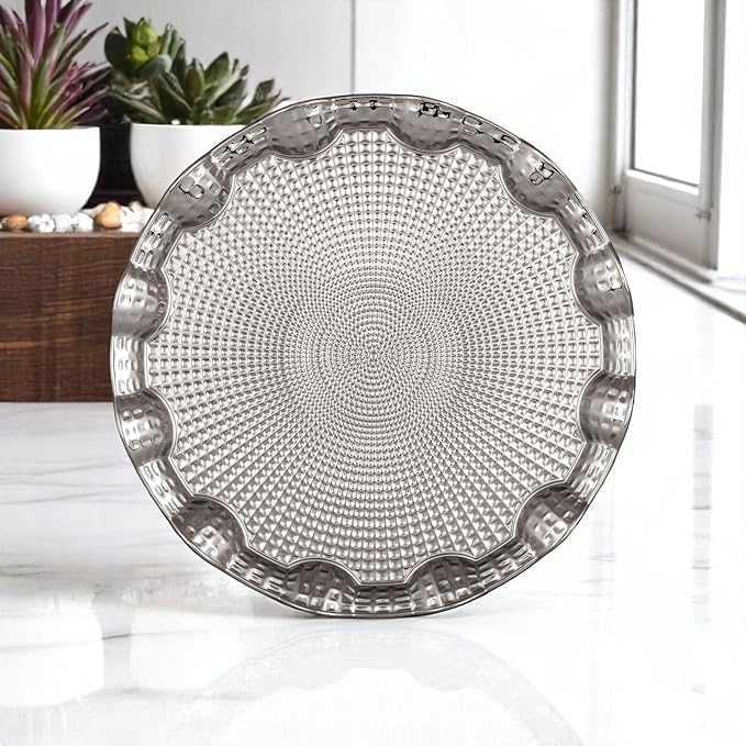 Alisveristime Round Metal Serving Tray for Two – Ottoman Motif, (9.8" Diameter, 10.2 oz) (Silver)