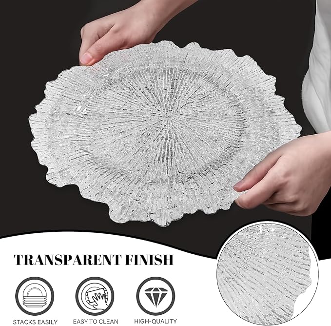 MAONAME 13" Clear Charger Plates, Round Reef Chargers for Dinner Plates, Plastic Plate Chargers for Table Setting, Wedding Decor, Set of 12
