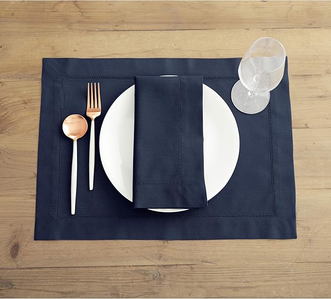 Solino Home Navy Blue Placemats Set of 4 - Cotton Linen Hemstitch Placemats 14 x 19 Inch for Winter, Spring, Easter