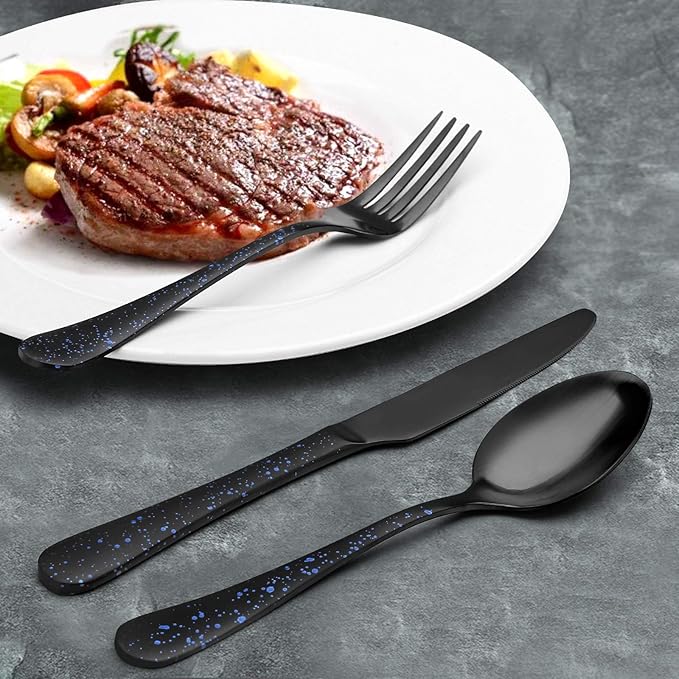O.C.E. Matte Black Silverware Set, Stainless Steel Flatware, 20-Piece Tableware Cutlery Service for 4, Satin Finish Utensils, Dishwasher Safe (Starry Blue)