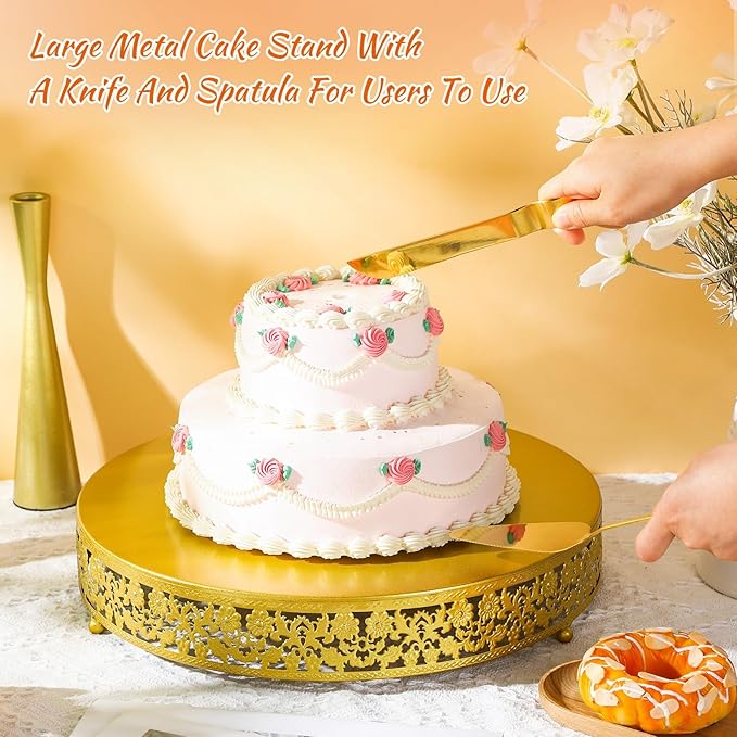 Wenqik 16 Inch Christmas Cake Stand Gold Metal Round Cupcake Dessert Stand with Cake Cutting, Spatula Xmas Cupcake Pastry Display Candy Holder Display for Xmas Wedding Birthday Party(flower, 16 Inch)