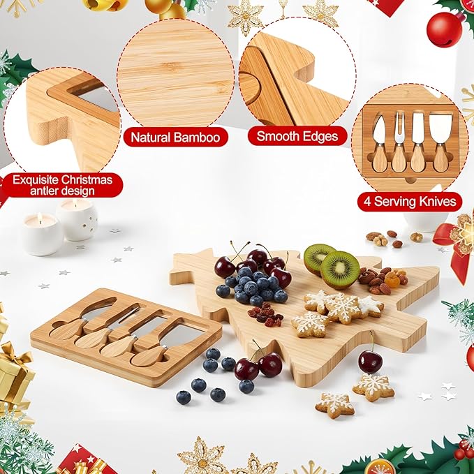 Remerry Christmas Bamboo Cutting Board Tray and Knife Set Xmas Tree Serving Tray Christmas Serving Dishes Charcuterie Board Platter Food Plate for Cheese Fruit Dessert Kitchen Party Gift Supplies
