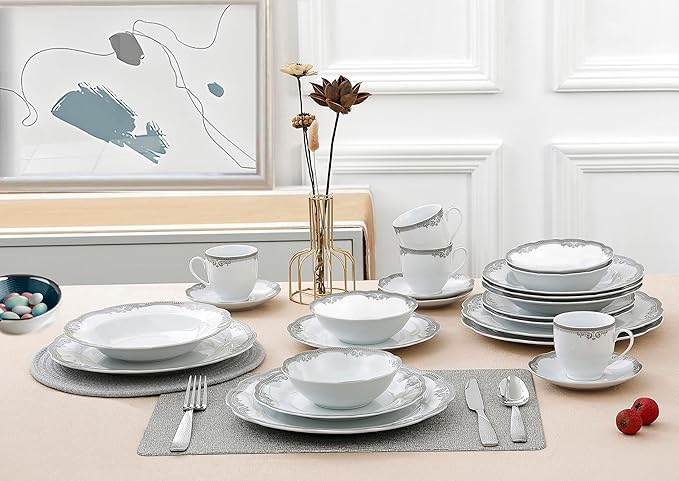 Lorren Home Trends Elizabeth-24 24 Piece Elizabeth Design Porcelain Wavy Edge Dinnerware Set, White