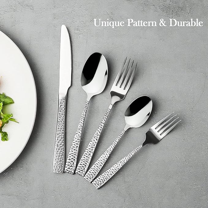 HaWare 65-Piece Hammered Flatware Serving Set, Stainless Steel Silverware Cutlery Set for Home/Hotel/Restaurant, Service for 12, Elegant & Classic Design, Dishwasher Safe-Square Edge