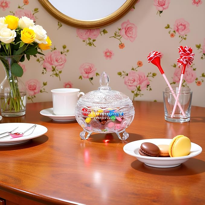 Glass Candy Dish with Lids Crystal Candy Jar Home Decorative Covered Glass Jar Wedding Buffet Jewelry Box 10 oz Cookie Jar Biscuit Containers for Snacks Office Desk Party Coffee Beans (Coastal)