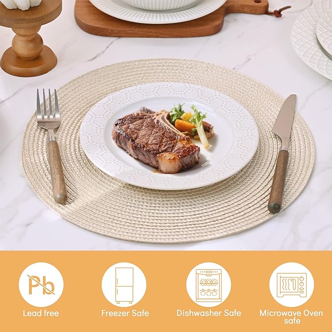 4 Different Embossed Ceramic Dinnerware Set for 4 - Arctic White Vintage Plates & Bowls Set 12 Piece - Microwave & Dishwasher Safe Porcelain Chip Resistant Handmade Dishware Set Kitchen Gift