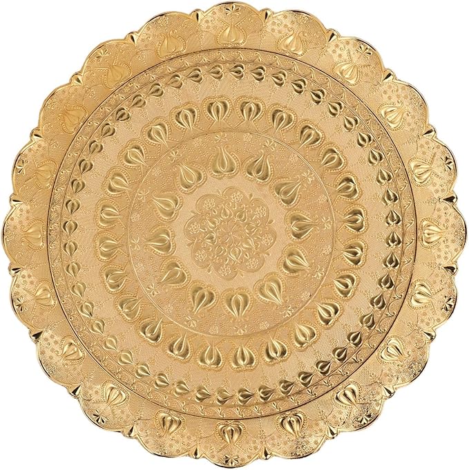 Fydun Turkish Ottoman Tea Coffee Serving Tray, Vintage Embossed Tray, Pattern Round Plate for Bar Outdoor Dessert Drinks Breakfast Dinner Golden (Gold)