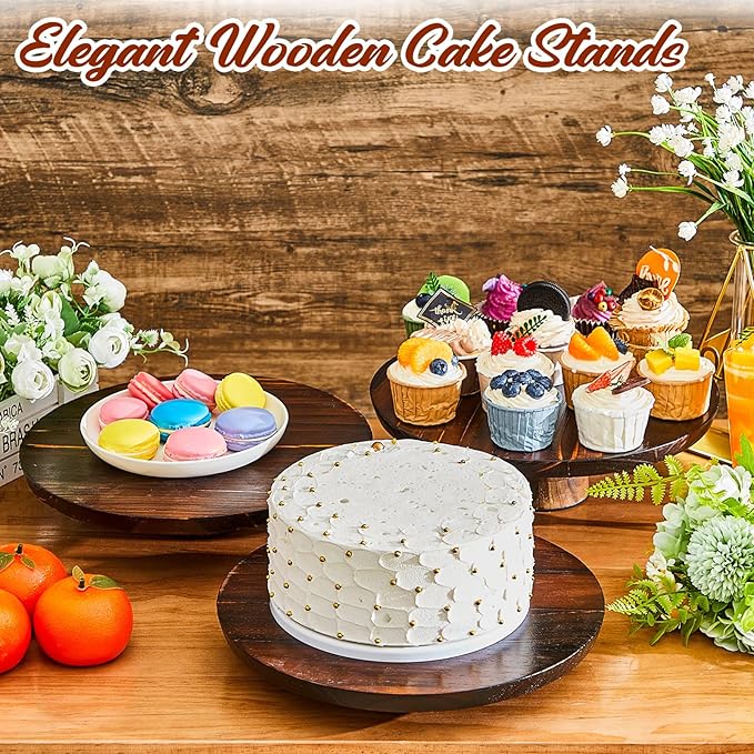 Jinei 4 Sets Wood Cake Stand Rustic 12 Inch Rotating Cake Stand Food Round Risers Turntable for Party Cake Base Wood for Display Parties Weddings Restaurants Decorating Supplies