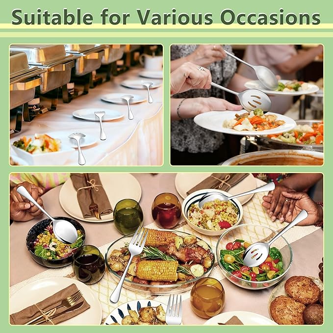 E-far Large Serving Utensils Set of 4, 9.8 Inch Stainless Steel Serving Spoons & Serving Forks, Big Hostess Set for Buffet Party Catering Wedding Kitchen Restaurant, Dishwasher Safe