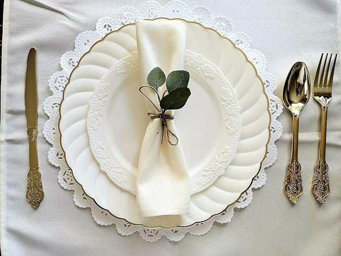 " OCCASIONS " 240 Plates Pack,(120 Guests) Vintage Wedding Party Disposable Plastic Plates Set -120 x 10.25'' Dinner + 120 x 7.5'' Salad/Dessert (Blossom Ivory/Gold)