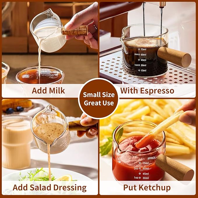YARRAMATE 2.5 oz/75ML Espresso Cups with Wood Handle, Clear Glass Espresso Accessories, Double Spout Measuring Cup with Dual Scale, Espresso Shot Glass with V-Shaped Spout, Dishwasher Safe