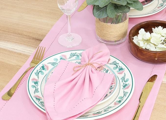 PurpleEssences Set of 12 Hemstitch Cloth Dinner Napkins 100% Cotton - Soft Durable Washable - Ideal for Wedding Spring Easter Summer - Perfect Everyday Use Table Linen 18x18 - Blush Pink