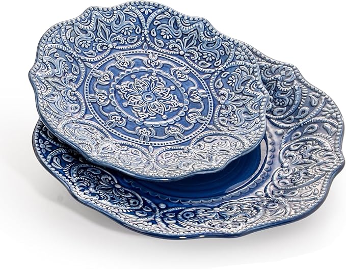 Sungmor Embossed Stoneware Fine Dining Dinnerware, Antique Baroque Style Porcelain Dinner Plates Set of 2 (8.5" Salad Plate & 11" Dinner Plate), Sophisticated Ceramic Serving Platters for Table Decor