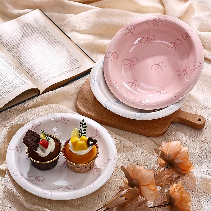 Koythin Ceramic Dessert Plates, Cute Pink Dish Bow Salad Plates for Home Party Restaurant, Round Kitchen Plates, Microwave and Dishwasher Safe (Pink Plate Bow)