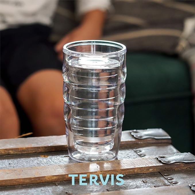 Tervis Clear & Colorful Lidded Made in USA Double Walled Insulated Tumbler Travel Cup Keeps Drinks Cold & Hot, 10oz Wavy, Royal Purple Lid