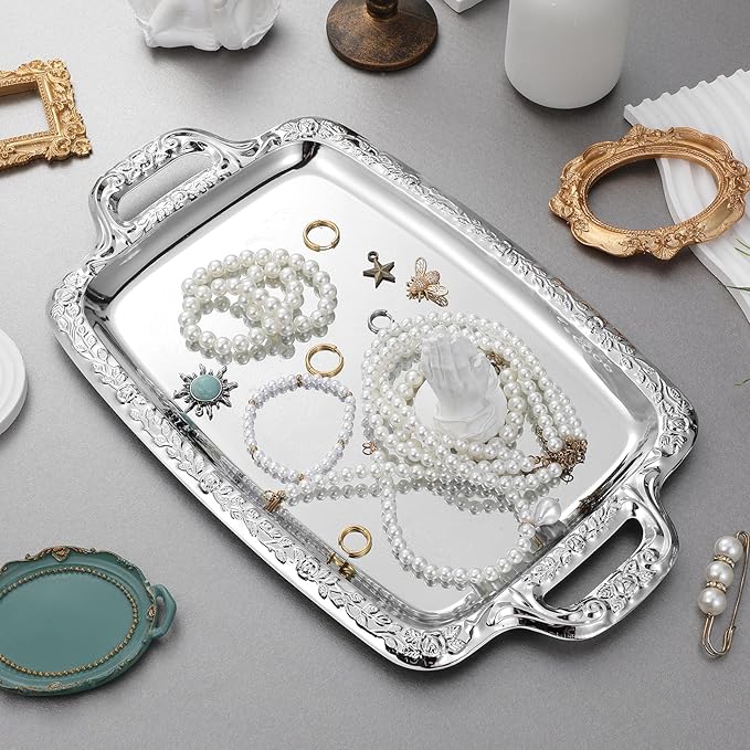Cabilock Elegant Rectangular Silver Tray Mirrored Tray for Whiskey Decanter Candlesticks Vanity Perfume and Snack Bread Breakfast Fruit Serving Dish