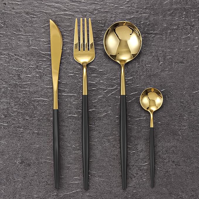 Gold Silverware Set, 24-Piece Stainless Steel Flatware, Flatware Set for 6, Knife Fork Spoon, Home Dinnerware Tableware Set for 6, Cutlery Set, Include Knives/Forks/Spoons