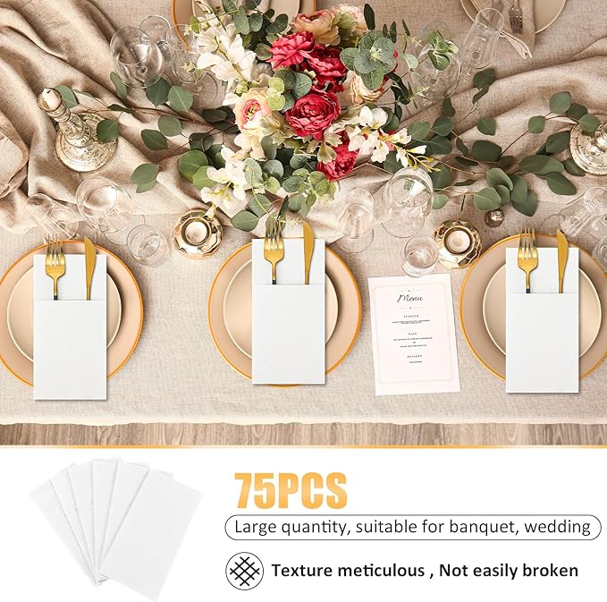 Cindeer 150 Pcs White Linen Dinner Feel Napkins with Built in Flatware Pocket Prefolded Paper Disposable Airlaid Guest Hand Towel for Silverware Wedding Reception Christmas Baby Shower