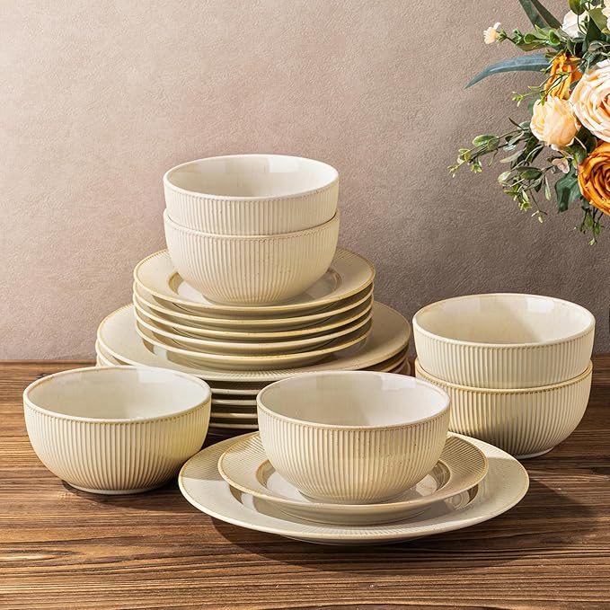 TheTerra Stoneware Dinnerware Sets for 6, 18 Pieces Ceramic Plates and Bowls Sets, Scratch Resistant Embossed Dish Set, Oven, Microwave & Dishwasher Safe, Cappuccino