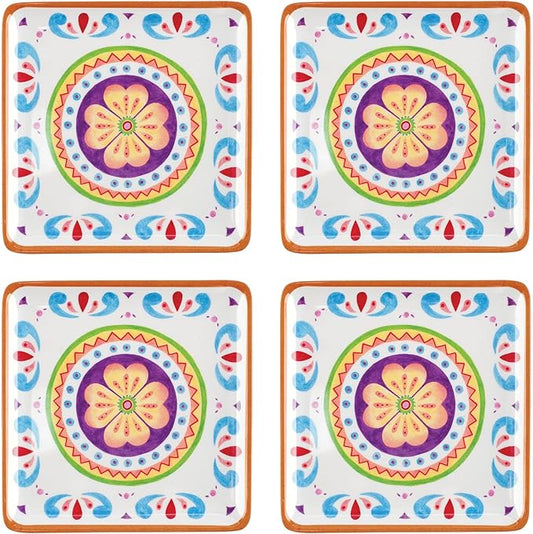 UP UPware Cinco de Mayo Melamine Square Dessert Plates, Small Serving Plates, Cinco de Mayo Decorations, for Appetizer, Snacks, and Side Dishes, Multicolor, 5.88 Inch, Set of 4