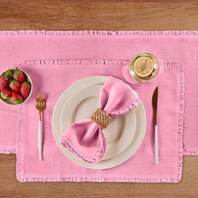 Solino Home Flamingo Pink Linen Placemats 14 x 19 Inch - 100% Pure Linen Juliette Ruffle Placemats Set of 4 - Handcrafted and Machine Washable Table Mats for Christmas