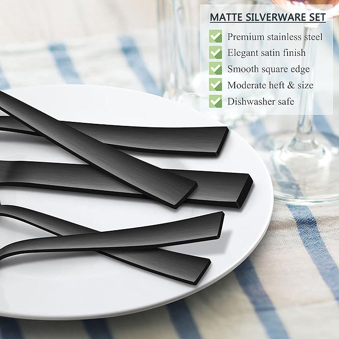 Herogo 20-Piece Matte Black Silverware Set for 4, Stainless Steel Square Flatware Cutlery Set, Tableware Eating Utensils Include Knife Spoon Fork, Satin Finish, Dishwasher Safe