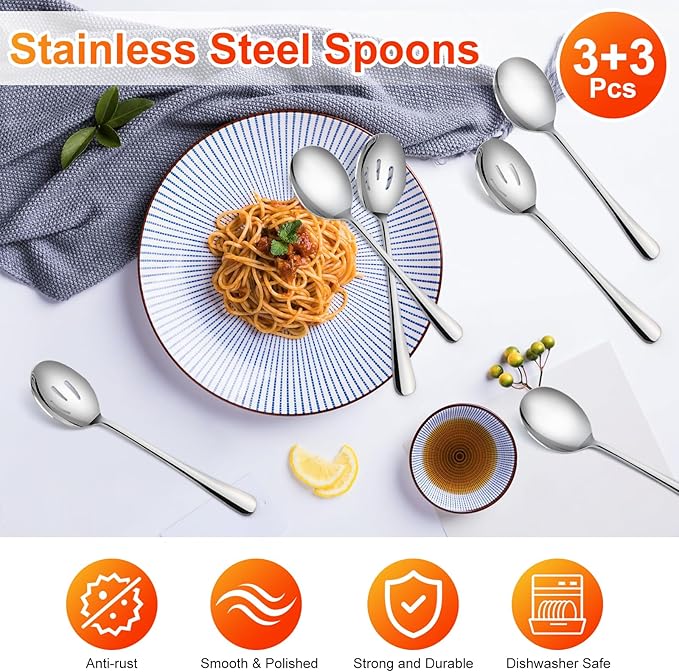Serving Spoons Set, Includes 3 Spoon and 3 Slotted Spoon, Stainless Steel Serving Utensils for Banquet, Cooking and Kitchen Gdotmely Large Serving Spoons