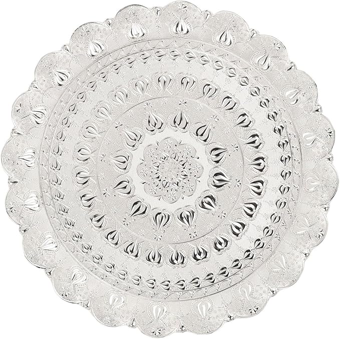 Vintage Style Round Coffee Serving Tray with Embossed Pattern, Retro Tea Coffee Plate for Bar, Outdoor Dresser, Dessert (Silver)