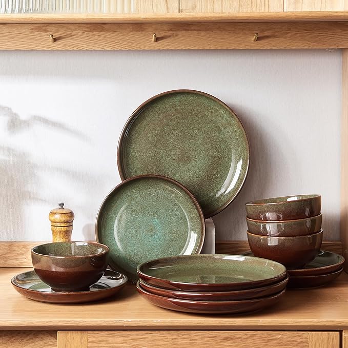 24 Piece Dinnerware Sets for 8, Modern Stoneware Plates and Bowls Setst, Perfect for Family Gatherings & Holiday Celebrations, Easy Cleaning Dishes Set, Stack Compactly Dishware, Brown Green